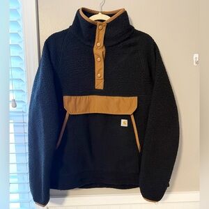 NWOT Carhartt Women's Black and Tan Relaxed Front Snap Fleece Pullover